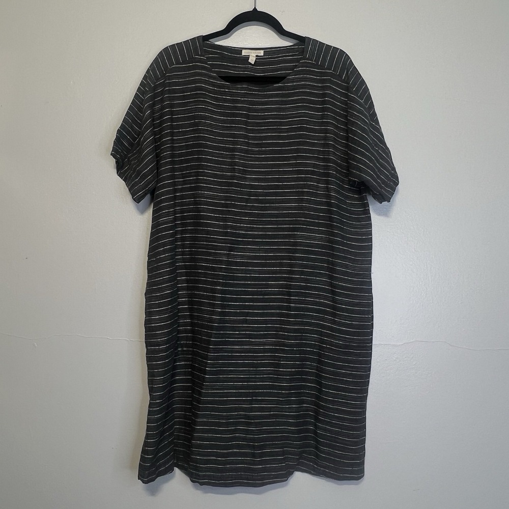 Eileen Fisher Organic Linen Delave Graphite Pinstripe Tunic Dress SZ S Lagenlook